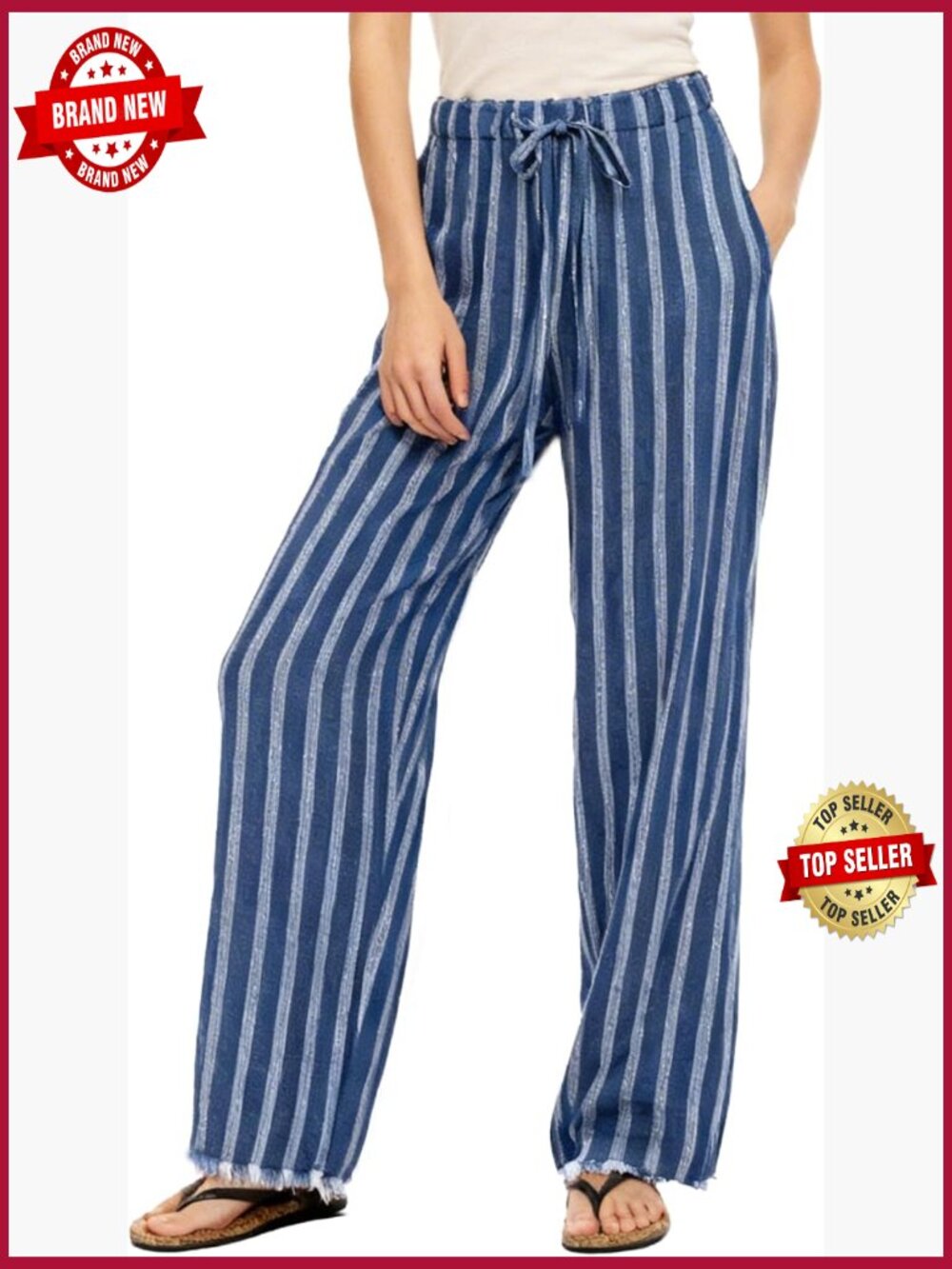 100% Linen Wide Leg Pants Drawstring Pockets